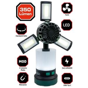 Rox 0218 Şarjlı Çok Fonksiyonlu Fanlı Outdoor Kamp Feneri 350 Lümen