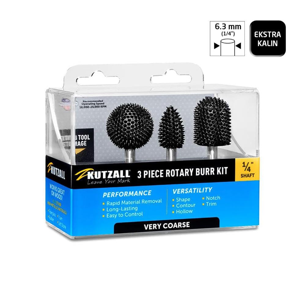 Kutzall 14XKIT01 Ekstra Kalın Diş Ahşap Törpü Seti 3 Parça (Sap: 6.3mm)