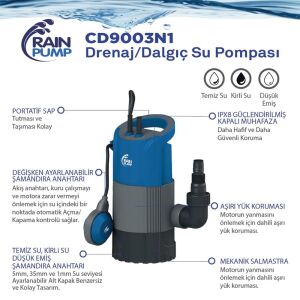Rainpump CD9003N1 Plastik Gövdeli Düşük Emiş Drenaj Dalgıç Pompa