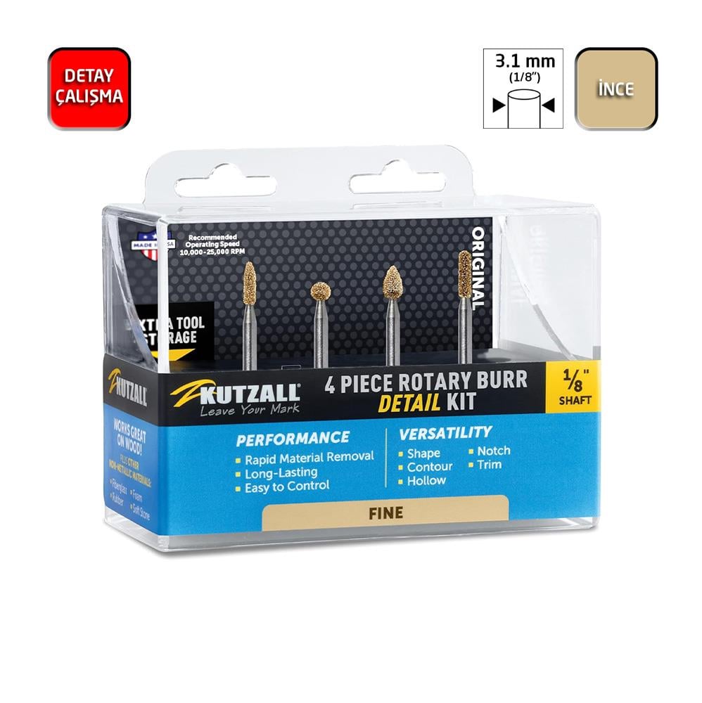 Kutzall 18FKIT02 İnce Diş Detay Ahşap Törpü Seti 4 Parça (Sap: 3.1mm)