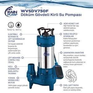 Rainpump WVSDV750F Döküm Gövde Kirli Su Drenaj Dalgıç Pompa