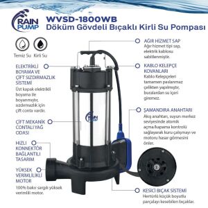 Rainpump WVSD-1800WB Döküm Gövde Bıçaklı Drenaj Dalgıç Pompa 2.4Hp