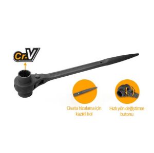 Ingco HRSTW19221 Çift taraflı Kazıklı Cırcır Lokma Anahtar 19x22