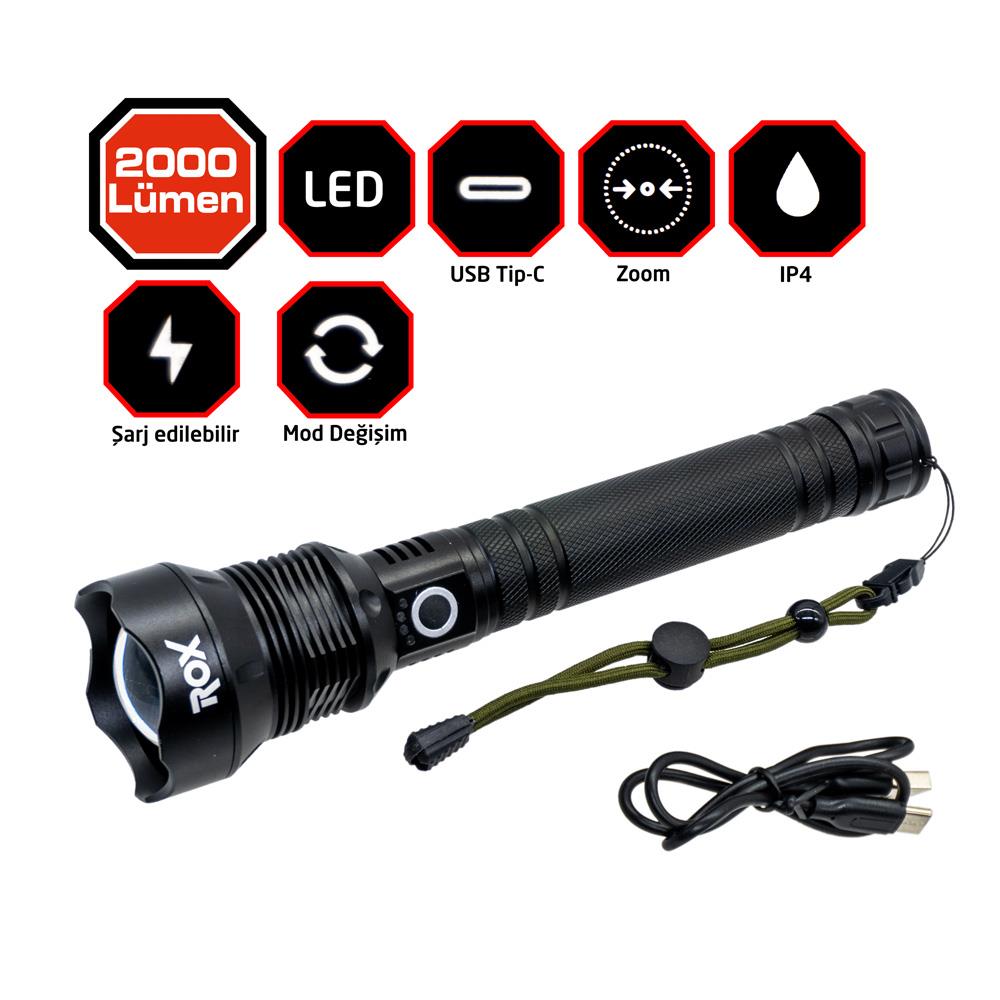Rox 0212 Şarjlı Led El Feneri 2000 Lümen