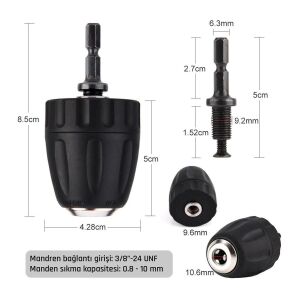 6204 Anahtarsız Plastik Mandren 0.8-10mm 3/8''-24UNF (Bits Sap Adaptörlü)