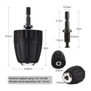 6204 Anahtarsız Plastik Mandren 0.8-10mm 3/8''-24UNF (Bits Sap Adaptörlü)