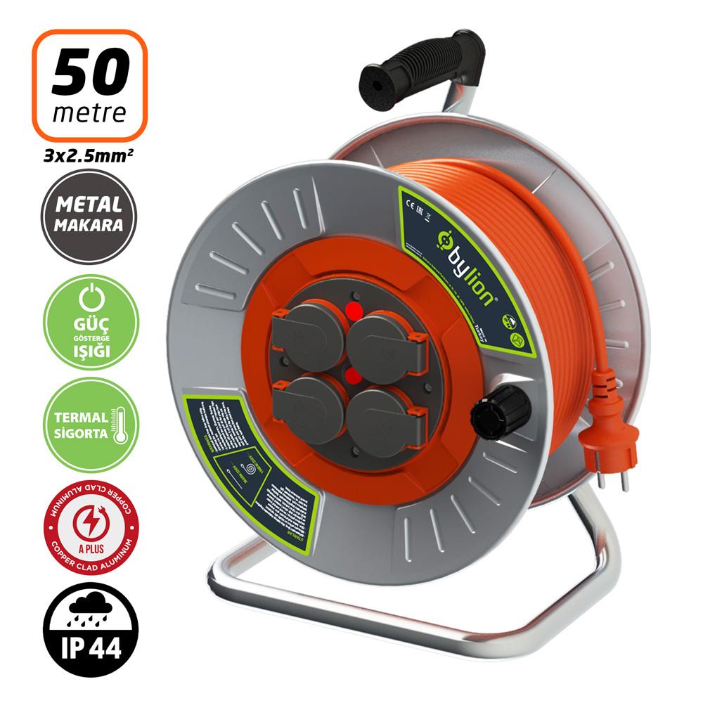 Bylion MMP50325F Metal Gövde Makaralı Kablo 3x2.5mm - 50 Mt