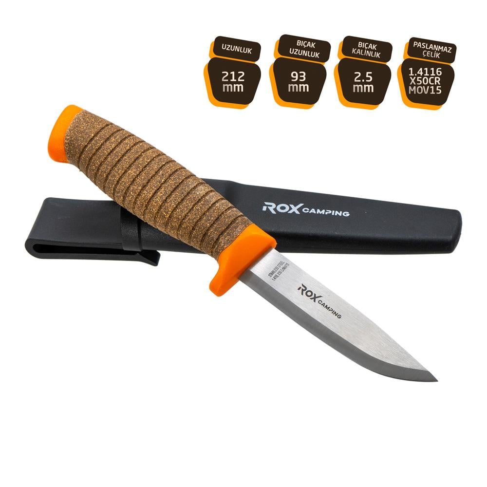 Rox Camping 0321 Bushcraft Plus Paslanmaz Çelik Kamp Bıçağı (Turuncu)