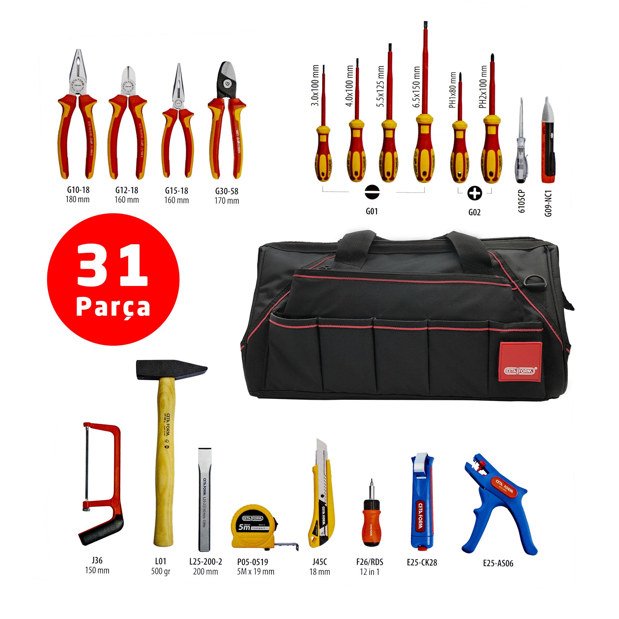 Ceta Form G99-0431A26 Elektrikçi Alet Seti Bez Çantalı 31 Parça