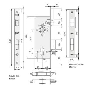 Kale Kilit 152R/45 Silindirli Gömme Kilit 45 mm Nikel