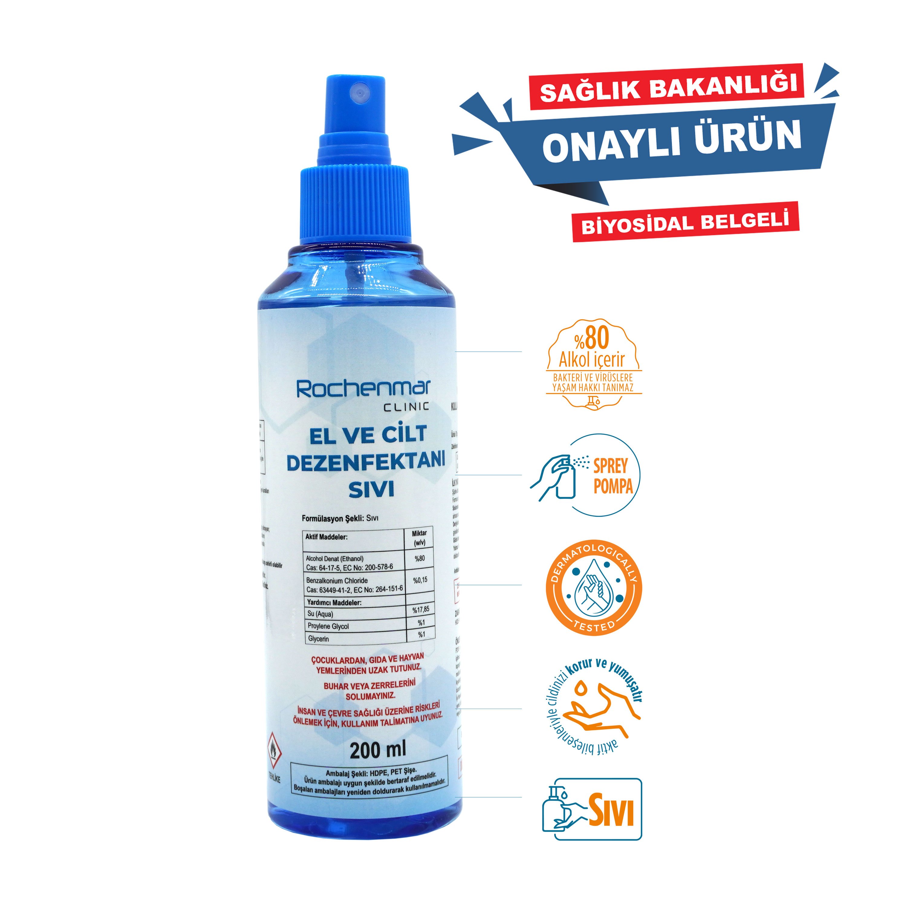 Rochenmar El ve Cilt Dezenfektan Biyosidal Ruhsatlı %80 Alkol 200ml
