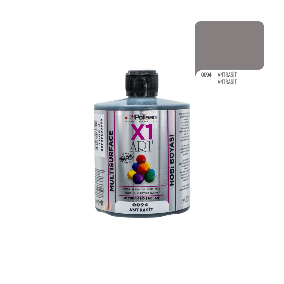 Polisan X1ART Multisurface Hobi Boyası 420ml - 0094 Antrasit