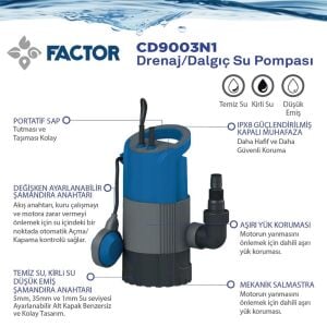 Factor CD9003N1 Plastik Gövdeli Sıfırdan Emiş Drenaj Dalgıç Pompa