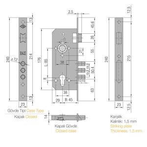 Kale Kilit 152 3MR/45 Geniş Tip Silindirli Gömme Kilit 45mm Nikel