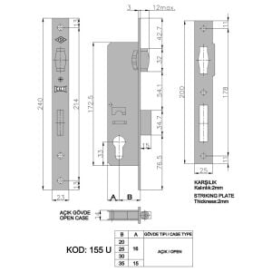 Kale Kilit 155U/25 Makaralı Silindirli Gömme Kilit 25 mm Sarı