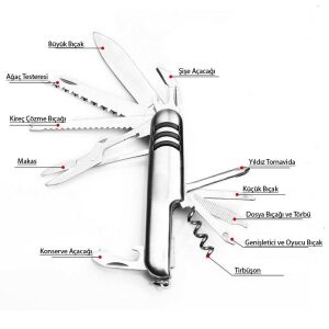 Hegi 11 Fonksiyonlu Paslanmaz İsviçre Çakısı - AISI316 - Gümüş
