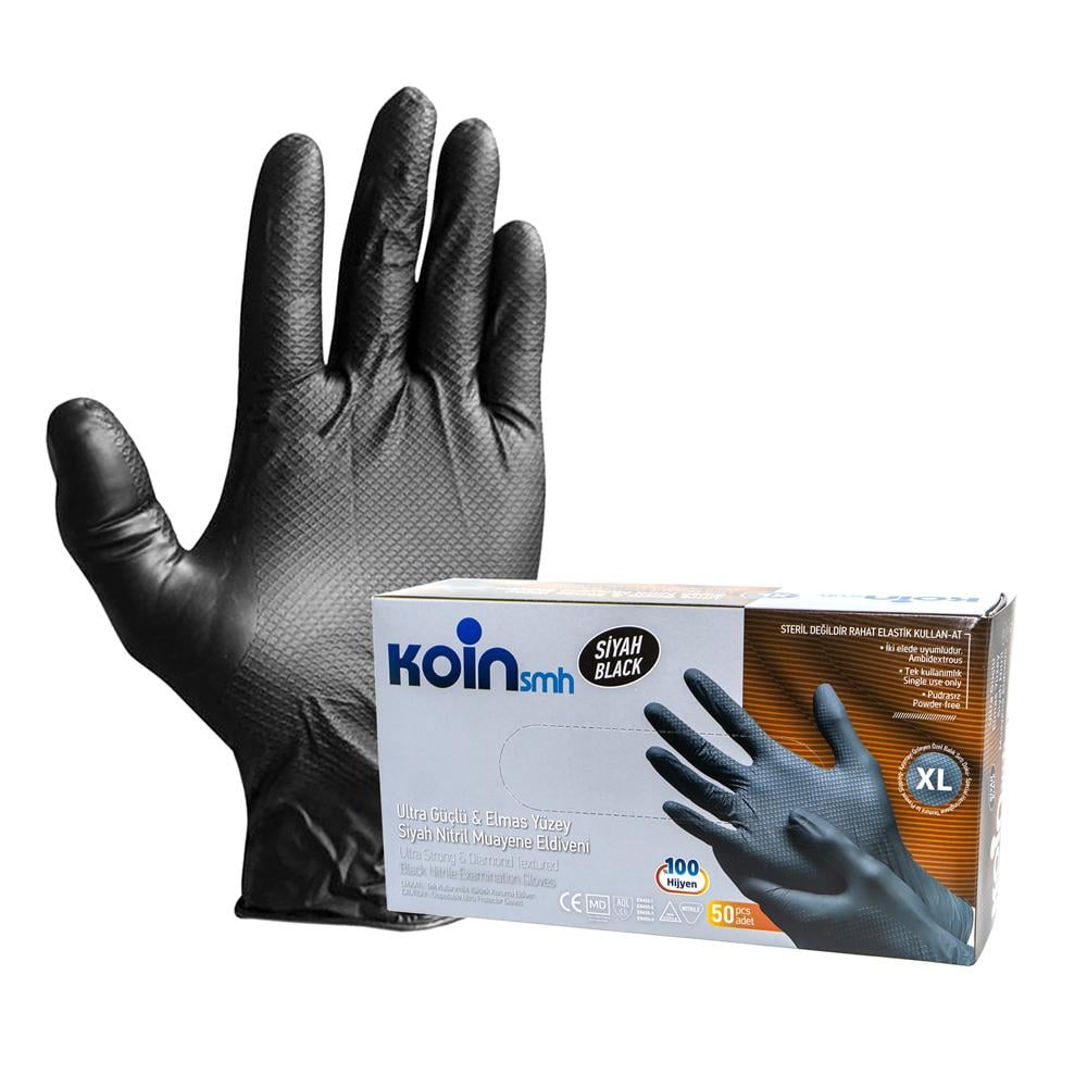 Koin Tek Kullanımlık Siyah Nitril Muayene Eldiveni (XL) - 50'li Paket