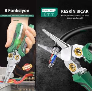 6504 Çok Amaçlı 8 Fonksiyonlu Elektrikçi Kablo Soyma Kesme Pensesi
