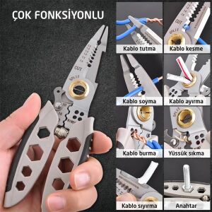 6510 Çok Amaçlı 8 Fonksiyonlu Elektrikçi Kablo Soyma Kesme Pensesi