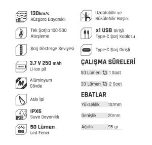 Viptec VT891216 Şarjlı Led Fenerli Ark Çakmak 50 lümen