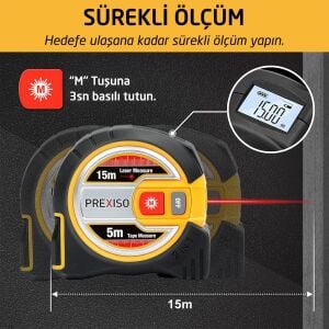 Prexiso PLT15 İkisi Bir Arada 15 Mt Lazerli 5 Metre Şerit Metre