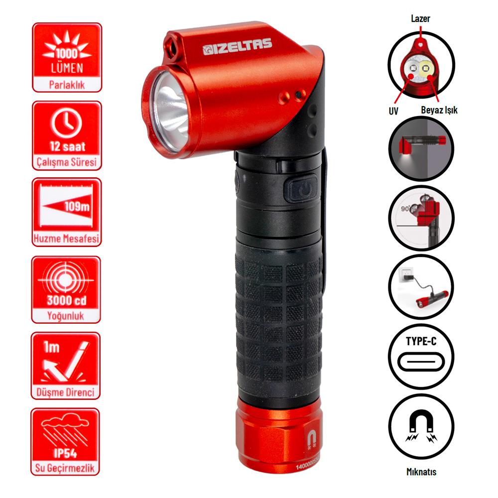 İzeltaş PRO LED Şarjlı Lazer Pointer/UV El Feneri 1000 lm