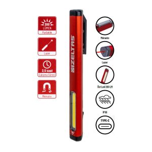 İzeltaş COB LED Şarjlı Lazer Pointer Kalem Tipi Fener 300 lm