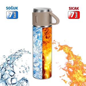 6007 Kupa Bardaklı Paslanmaz Çelik Termos Seti 500 ml - Kahverengi