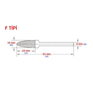 Tungsten Karbür Kalıpçı Freze F Formu 10x20 mm (Sap: 6mm)